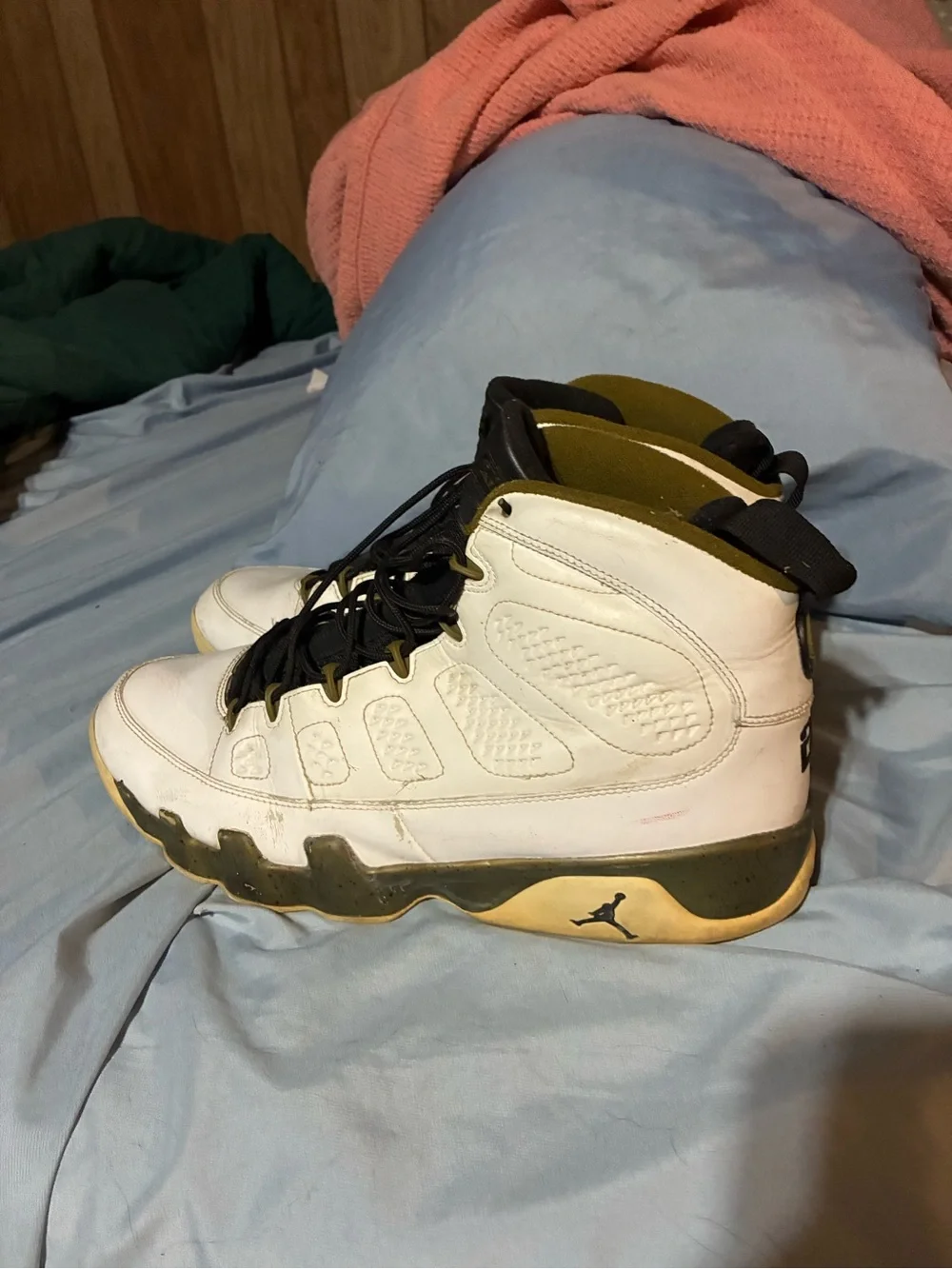 Jordan White High-Top Sneakers with Olive and Black Accents